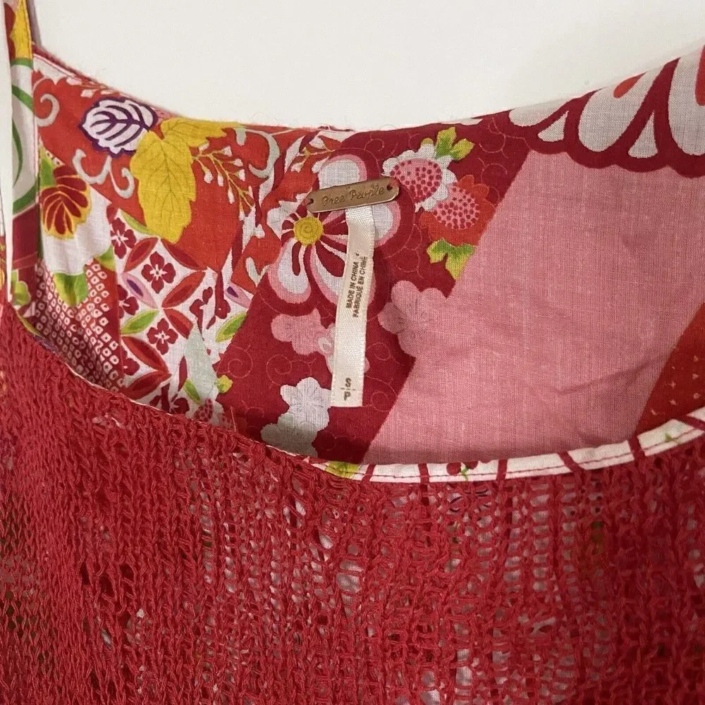 FREE PEOPLE red knit floral pleated tunic short dress size Small